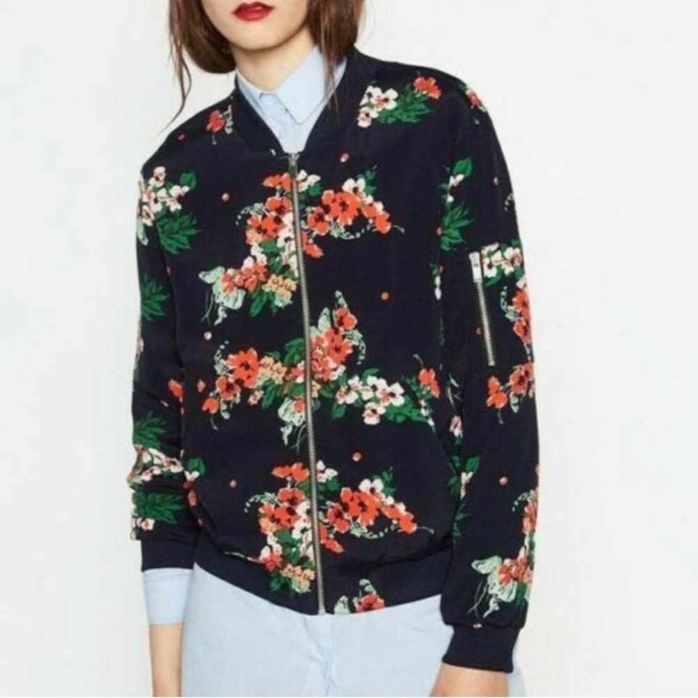 Zara Navy Floral Bomber Jacket with Red & Green Accents